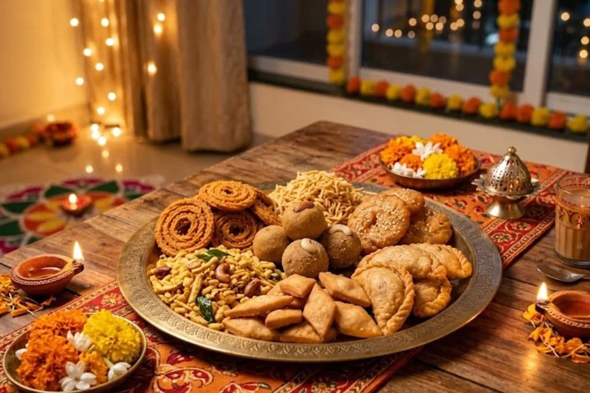 Maharashtrian Diwali Faral with chakli, chivda, karanji and shankarpali