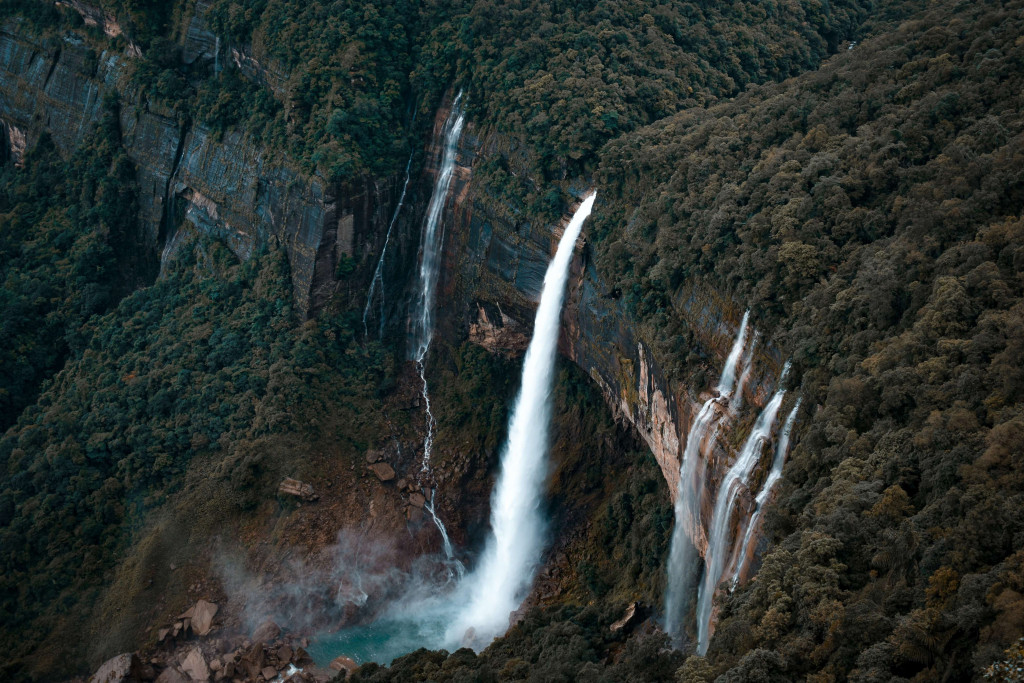 The cascading waterfalls in Eco Park in Cherrapunji