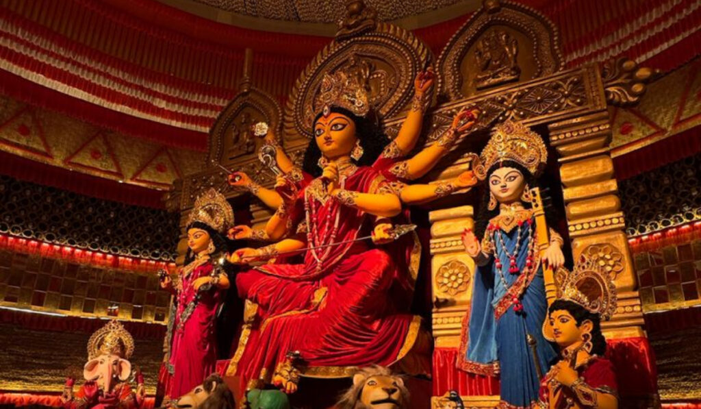5 Durga Puja Pandals In Navi Mumbai To Explore In 2026 7 Traditional Goddess Durga idol at a Durga Puja pandal in Navi Mumbai