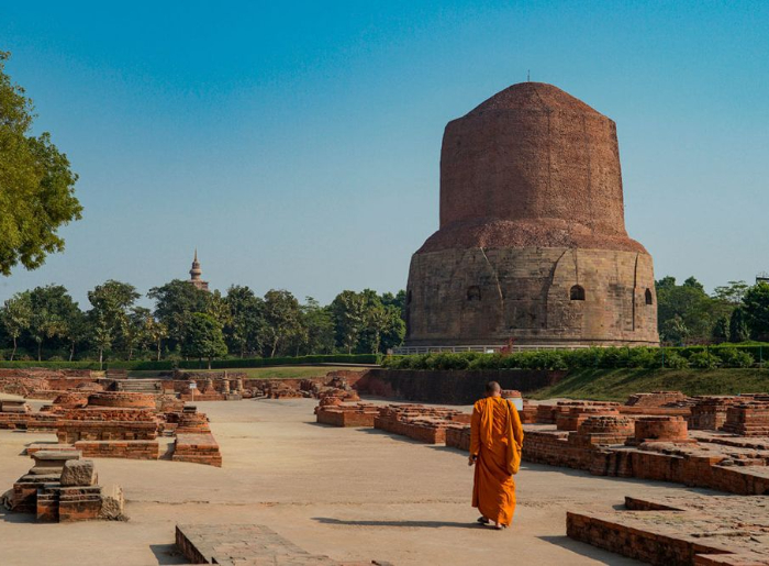 Dhamek Stupa at Sarnath near Varanasi, an important Buddhist pilgrimage site in Uttar Pradesh