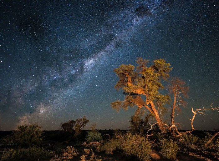  Milky Way visible over a dark desert landscape