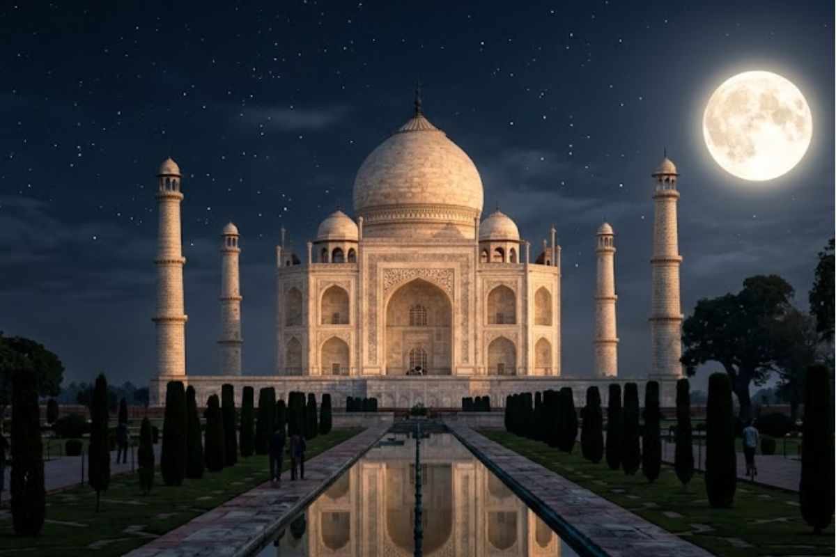 Taj Mahal under the full moon in October