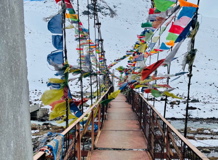 Zero Point in North Sikkim surrounded by snow-covered Himalayan mountains