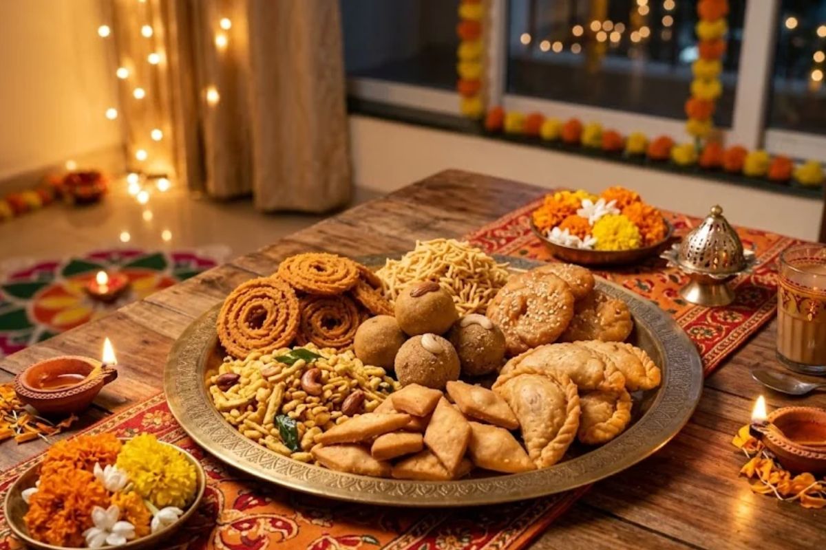 Maharashtrian Diwali Faral with chakli, chivda, karanji and shankarpali